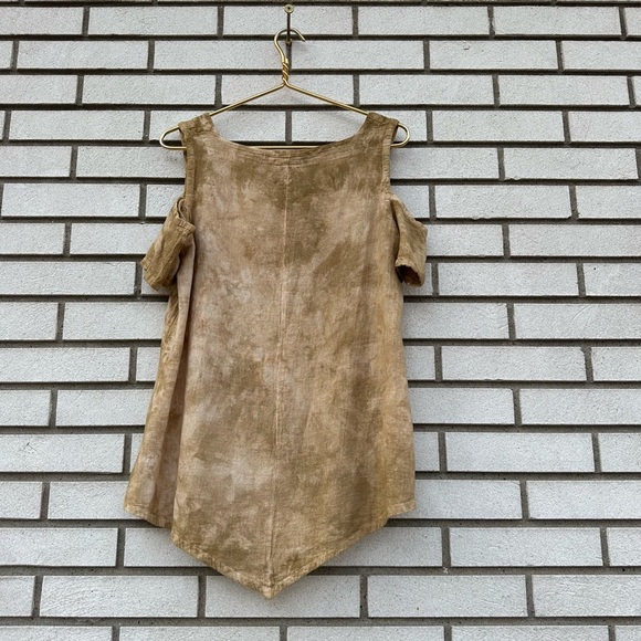 Oh My Gauze Tan Tie Dye Cotton Cold Shoulder Top Pointed Hem Boho Cottagecore - Picture 8 of 10